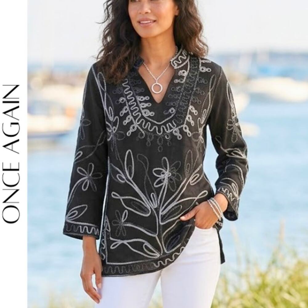 Once Again S Black Metallic Tunic – Embroidered Statement Top